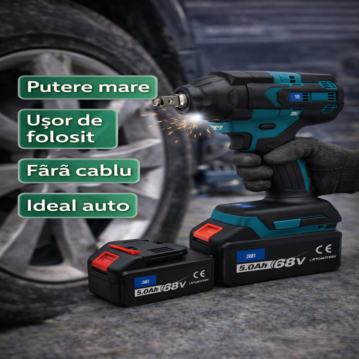 Cheie impact cu acumulator 68V, 2 baterii, fara fir, cuplu ridicat 600 NM
