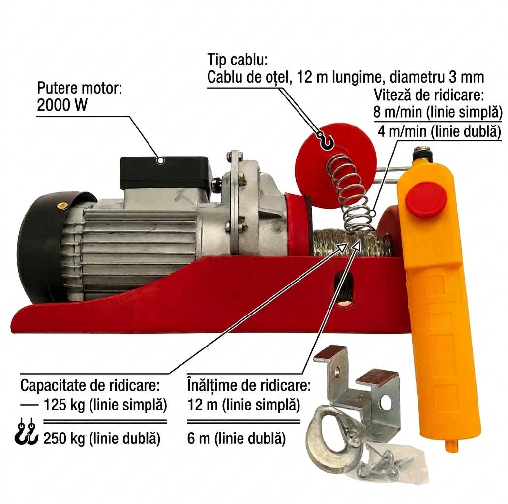 Palan Electric Haina 125/250kg, 2000W, cu Telecomanda, Cablu 12m