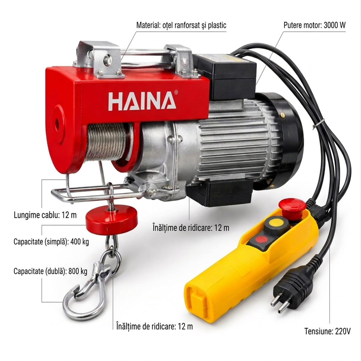 Palan Electric Haina 400kg/800kg, 3000W, Cablu 12m, cu Telecomanda