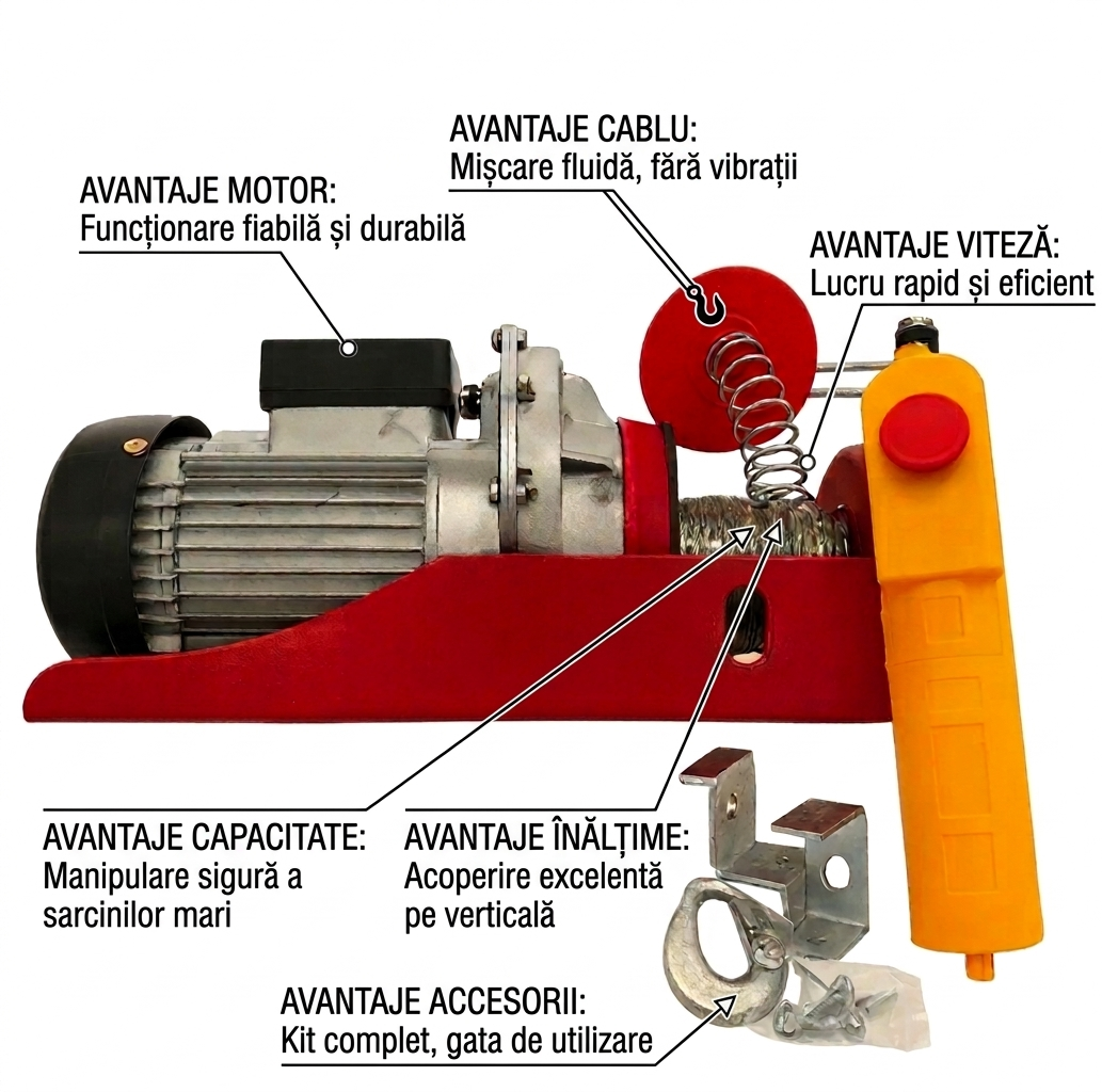Palan Electric Haina 125/250kg, 2000W, cu Telecomanda, Cablu 12m