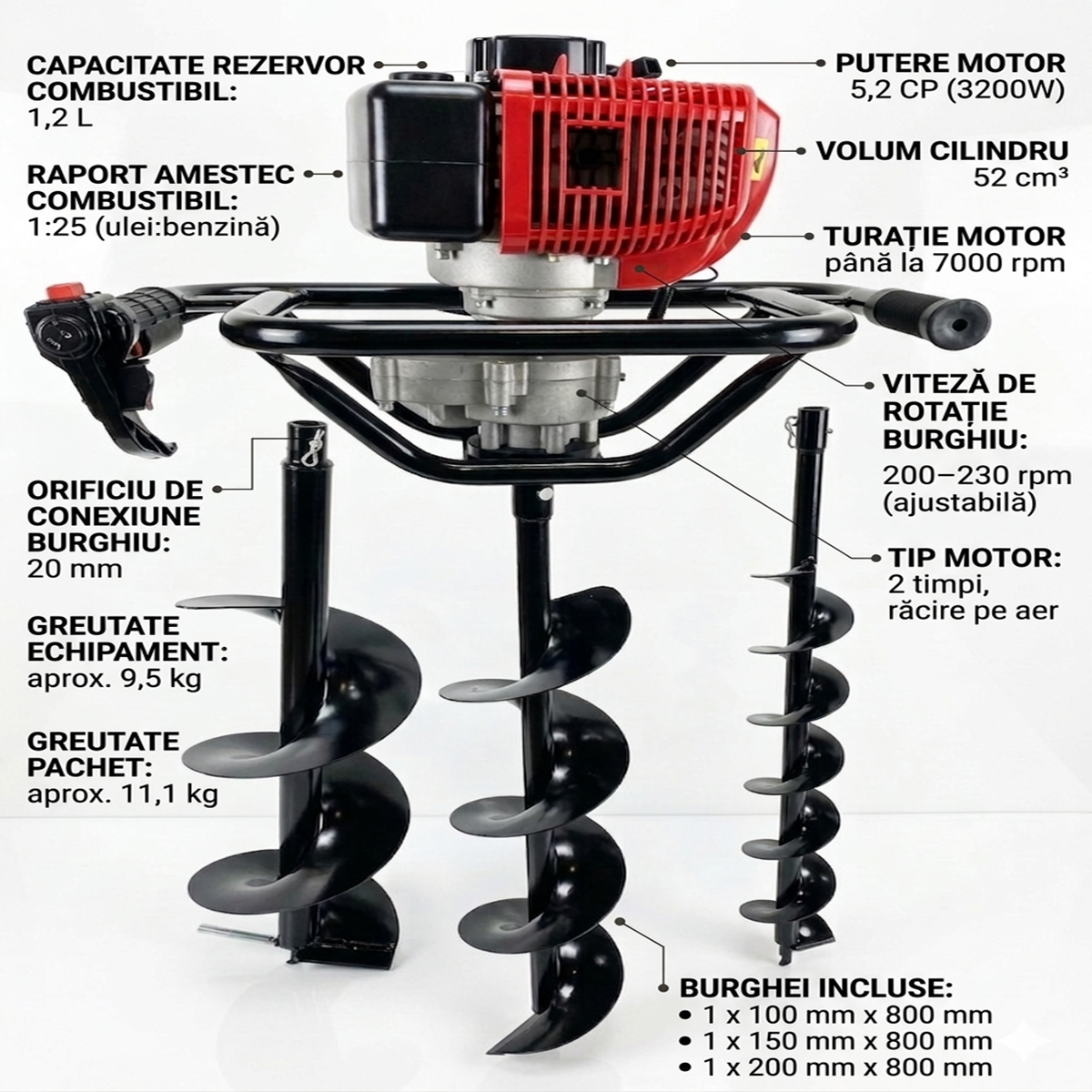 Motoburghiu Benzina  5.2 CP + 3 Burghie 10/15/20 cm