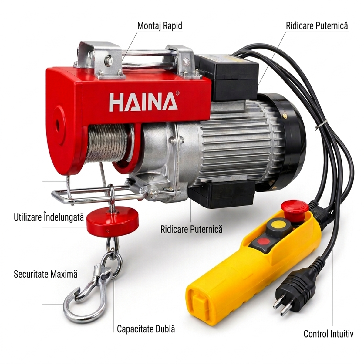 Palan Electric Haina 400kg/800kg, 3000W, Cablu 12m, cu Telecomanda
