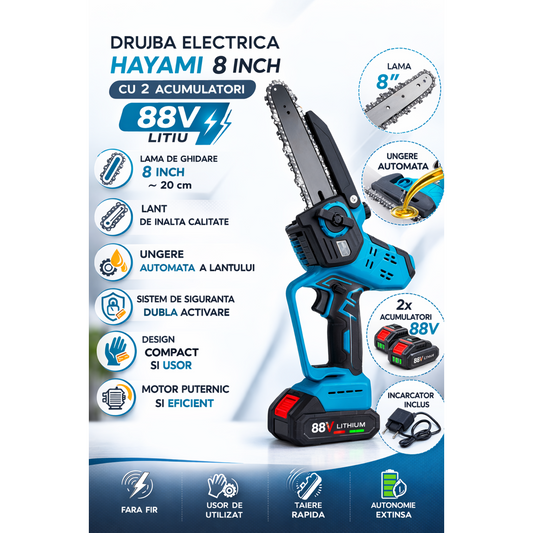 Drujba Electrica 8 Inch cu 2 Acumulatori 88V – Usoara, Fara Fir, Taiere Rapida