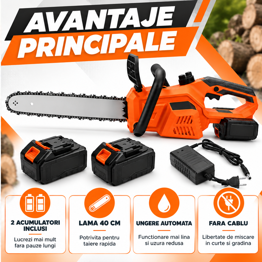 Fierastrau cu lant pe acumulator 88V 8Ah, 2 baterii, lama 400 mm