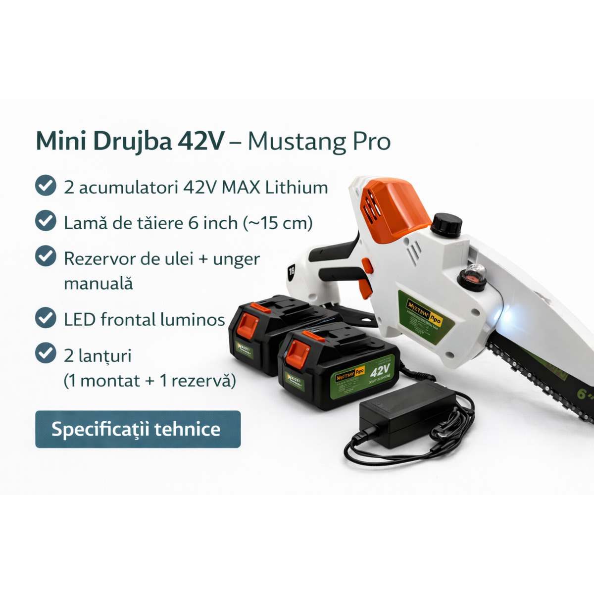 Fierastrau Electric 15 cm cu 2 Acumulatori 42V + 3 Lanturi – Puternic si Portabil