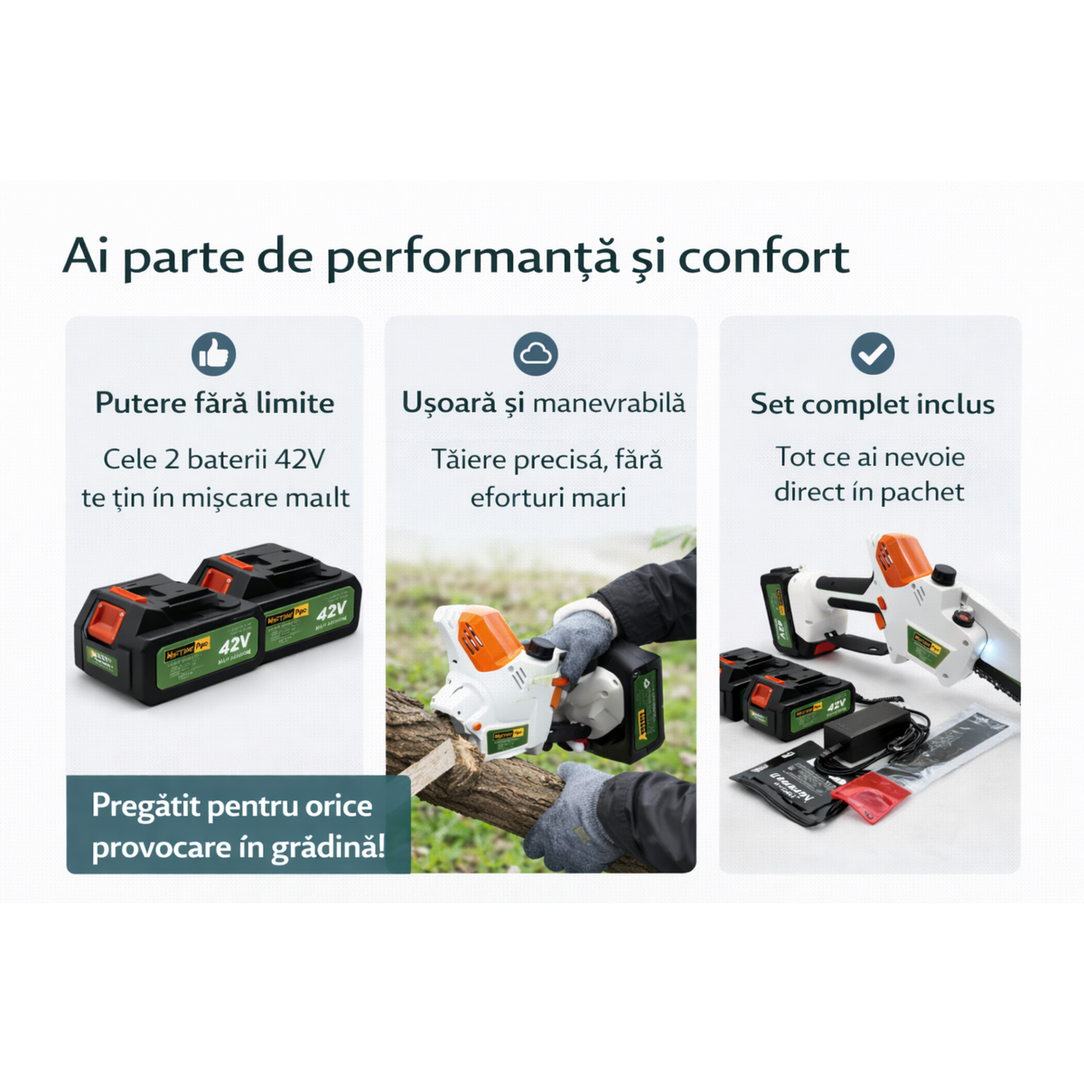 Fierastrau Electric 15 cm cu 2 Acumulatori 42V + 3 Lanturi – Puternic si Portabil